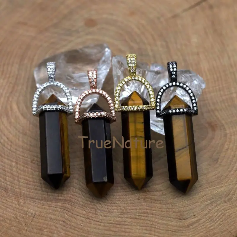 Tiger Eye Point Pendant Healing Stone Metal Charm Tiger Eye Jewelry Findings Zircon Micro Paved Pendant In 45*10 mm PM7392
Tiger Eye Point Pendant Healing Stone Metal Charm Tiger Eye Jewelry Findings Zircon Micro Paved Pendant In 45*10 mm PM7392