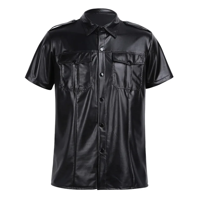 Mens sexy Soft faux leather t shirts Male black Tees tight shirts Undershirts As Police Uniform Shirt Tops with Down Collar
Mens sexy Soft faux leather t shirts Male black Tees tight shirts Undershirts As Police Uniform Shirt Tops with Down Collar