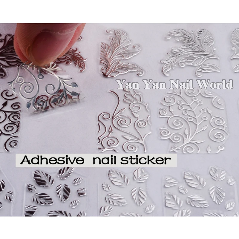 3D серебро дизайн ногтей наклейки 108 шт./лист металлик Цветы смешивания