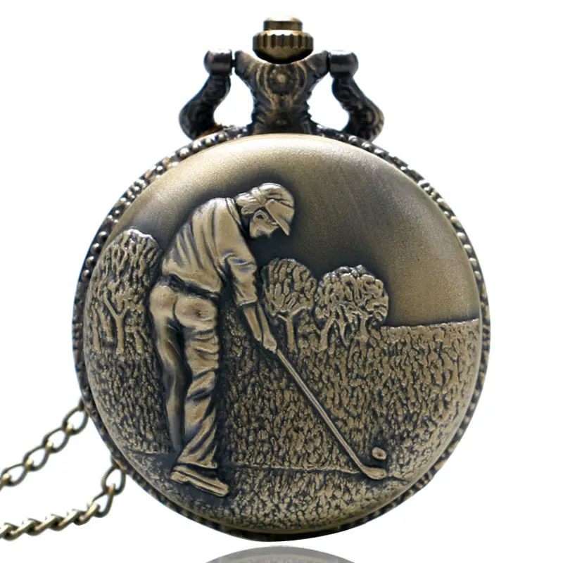 

Bronze Golfing Theme Pocket Watch Quartz Analog Necklace Chain Pendant Watch Clock Best Gift To Golfers Men