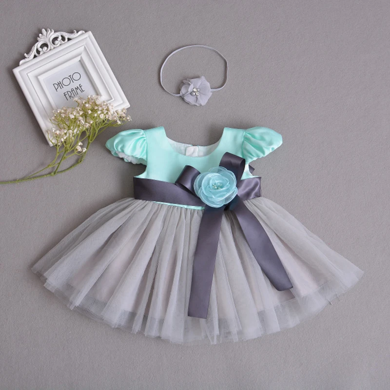 Baby Girl Tulle Dress Blue 1 Year Old Birthday with Flower Headband Ribbon Bow Lace Frocks A015 Outfits Vestidos | Детская одежда и