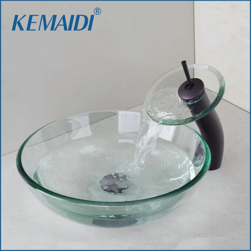 

KEMAIDI Victory Glass Bowl Bathroom Sink Wash Basin Oil Rubbed Bronze Waterfall Faucet With Tempered Glass Bathroom Sink Set