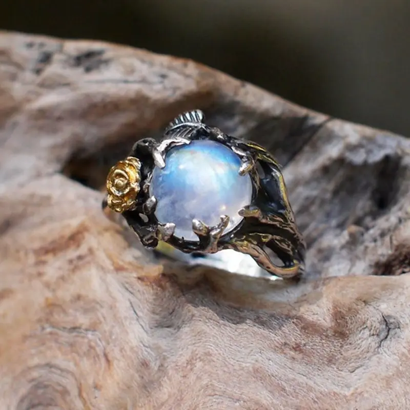 

Vintage Moonstone Ring For Women Black Jewelry Gold Flower Finger Ring Female Charming Jewelry Gift Wedding Statement Opal Ring