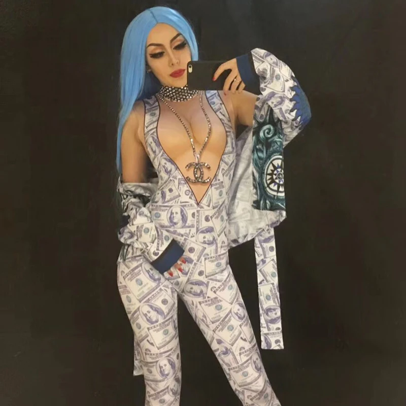 Dollars Printed Sexy Catsuit Jazz Dance Costumes For Lady Nightclub Jumpsuit Women Gogo Bar Pole Dj Dancers Stage Costumes DJ294
Dollars Printed Sexy Catsuit Jazz Dance Costumes For Lady Nightclub Jumpsuit Women Gogo Bar Pole Dj Dancers Stage Costumes DJ294
