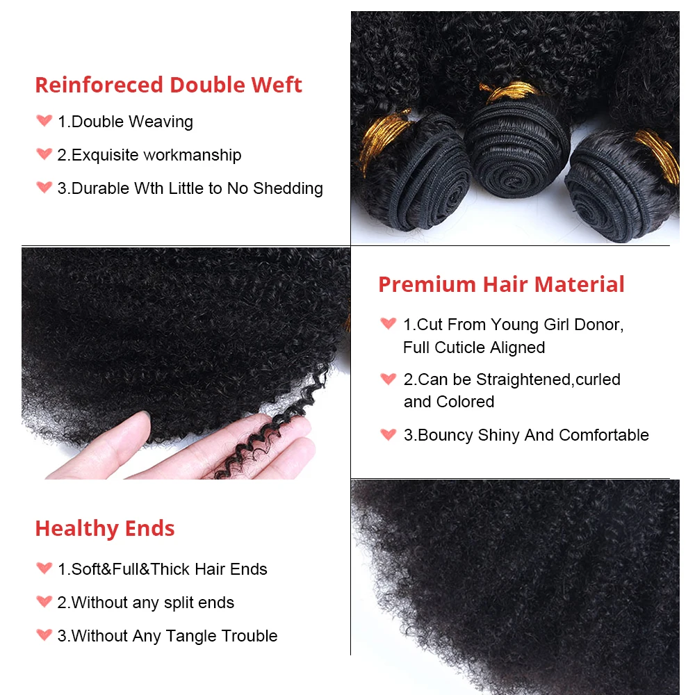 

Mongolian Afro Kinky Curly Hair Weave With Closure Natural Black 4B 4C Virgin Human Hair Bundles Extension 3 Dolago Products
