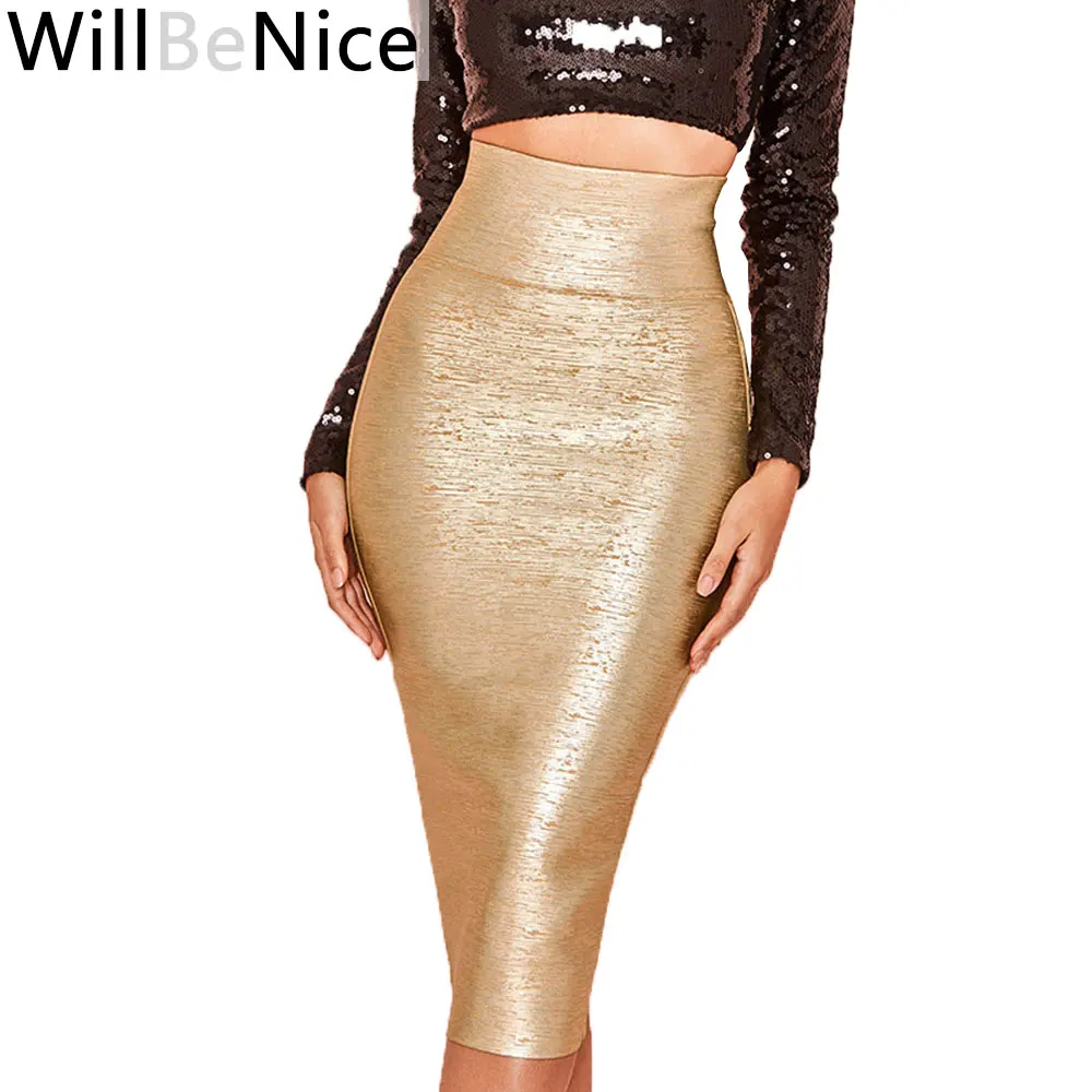 Женская облегающая юбка WillBeNice золотистая бандажная карандаш вечерние миди юбки
