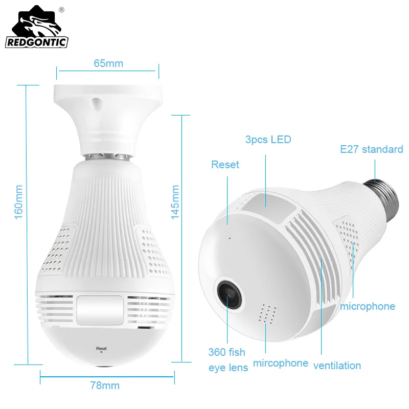 960 P Беспроводная 360 панорамная IP 3D VR камера Светодиодная лампа Wi-Fi свет рыбий глаз