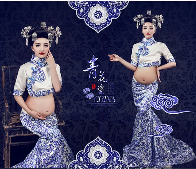 Print Cheongsam Maternity Dresses Fancy Pregnant Photography Props Pregnancy Maternity Photo Shoot Maternity Dress