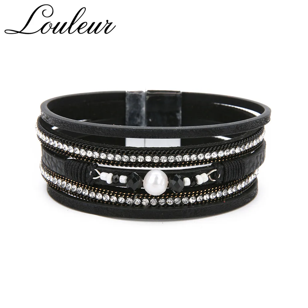 Louleur Bohemian Pearl Leather Bracelets For Women 2019 Crystal Pink Blue Multilayer Wrap Charm Bracelet Pulseras Mulher Jewelry | Украшения