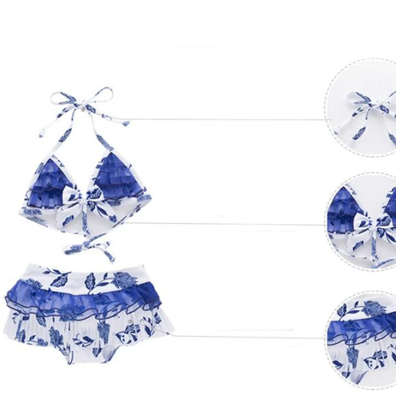 Baby Girls swimsuit 3pcs bikini+underwear+hat toddler bow Blue and white porcelain printed lace underwear swimwear Children 2-6 | Мать и