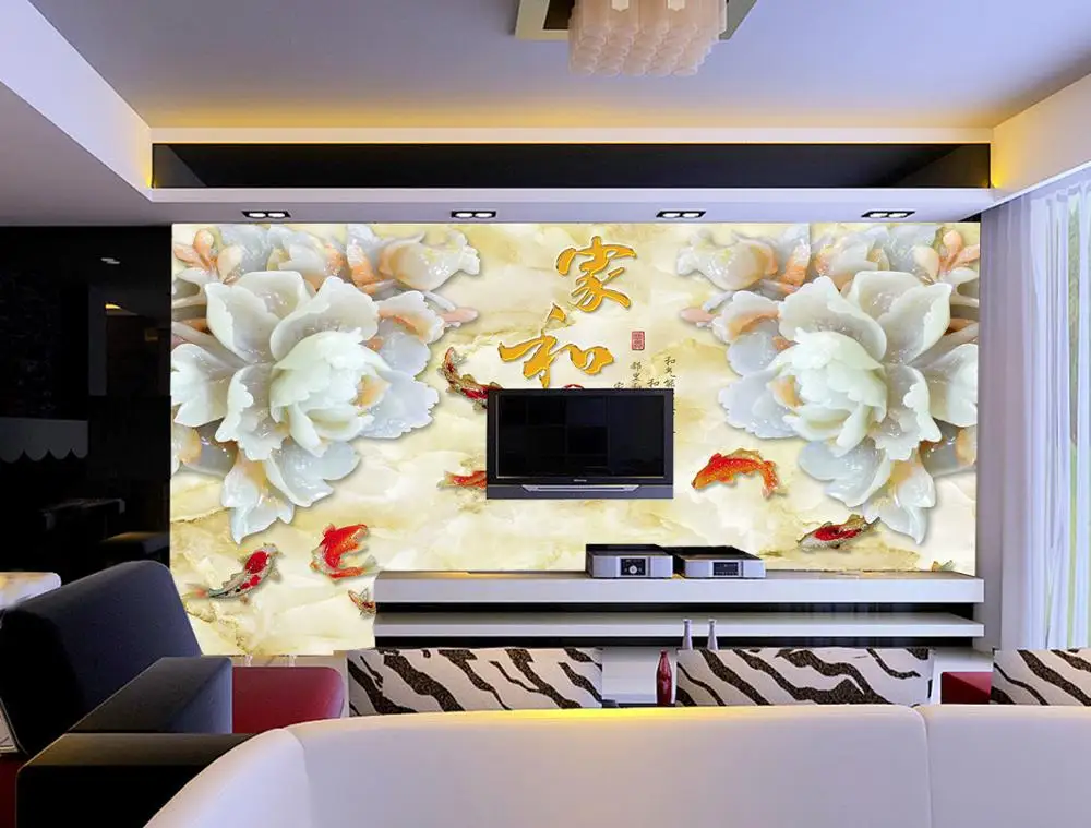 Customized wallpaper mural 3D jade carving Chinese painting with flower fash behind sofa as background in living room
Customized wallpaper mural 3D jade carving Chinese painting with flower fash behind sofa as background in living room