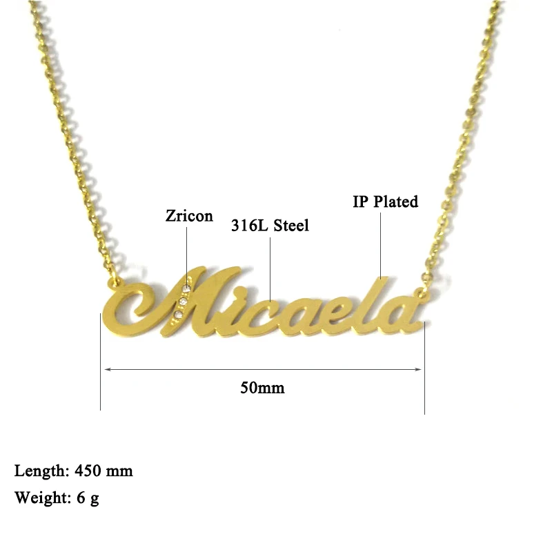MadApe Gold 316L Stainless Steel "Micaela" Name Necklace For Women Custom Personalized Letter Name Necklace, Customized Jewelry
MadApe Gold 316L Stainless Steel "Micaela" Name Necklace For Women Custom Personalized Letter Name Necklace, Customized Jewelry