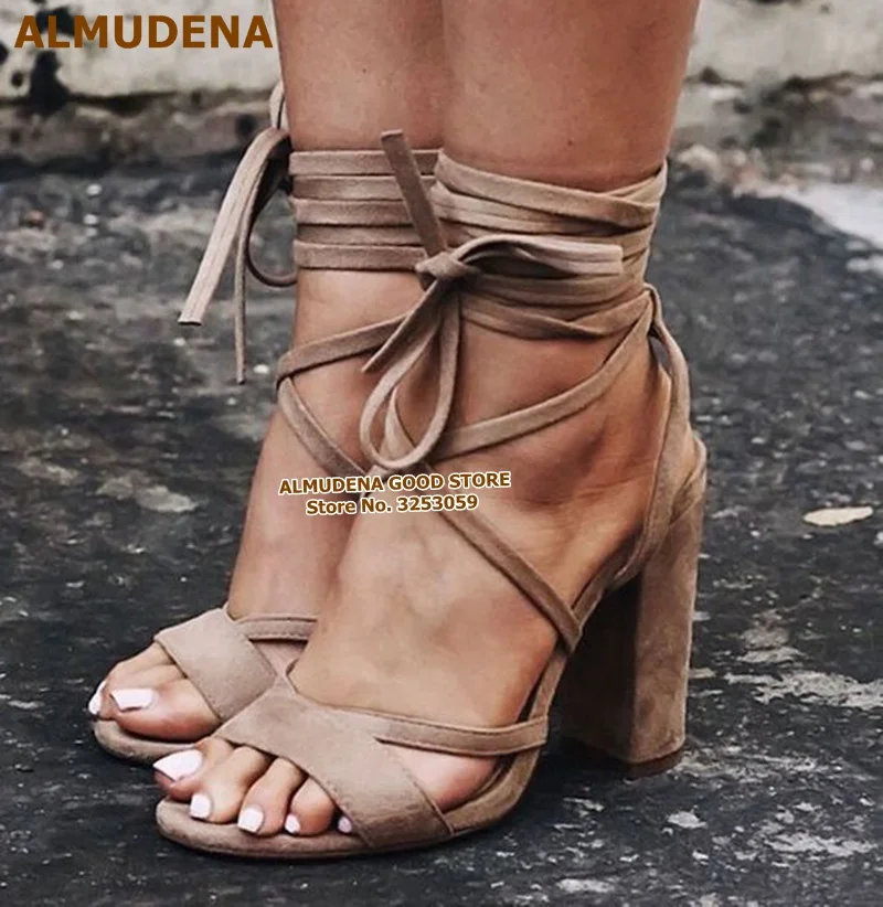 

ALMUDENA Apricot Purple Suede Chunky Heel Lace-up Sandals Cross Strappy Dress Shoes Cross Tie Gladiator Pumps Nightclub Shoes