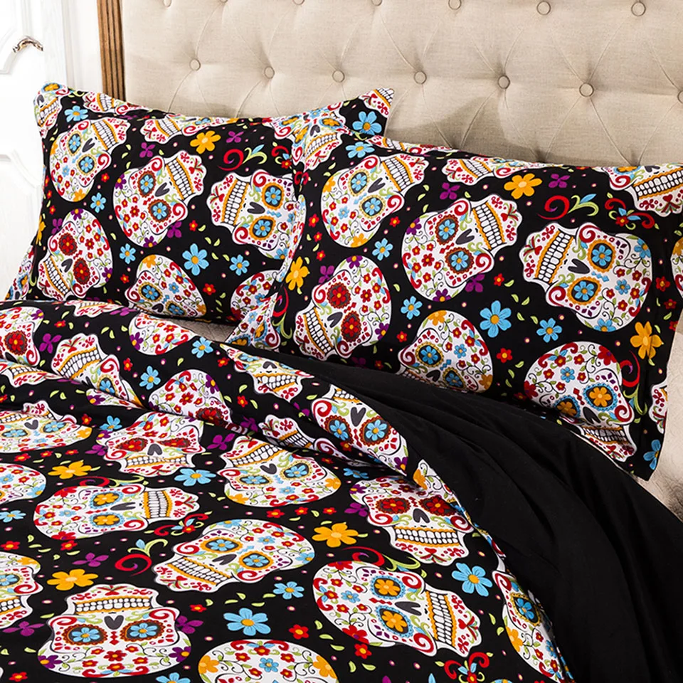 

Free shipping Gothic Cool Sugar Skull Flower Print Bedding Set Quilt Duvet Cover Set+Pillow Case US AU EU Size Drop Shipping