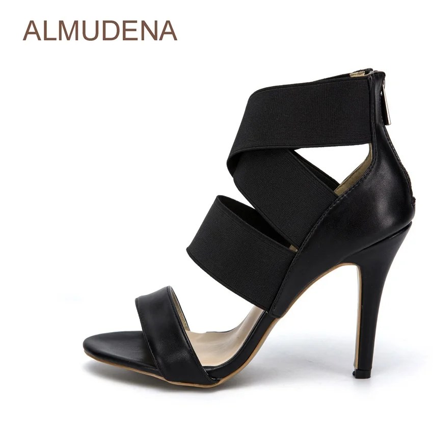 ALMUDENA Unique Design Black Leather Wide Elastic Band Patchwork Dress Sandals Strechy Cross Strappy Gladiator Shoes Thin Heels
ALMUDENA Unique Design Black Leather Wide Elastic Band Patchwork Dress Sandals Strechy Cross Strappy Gladiator Shoes Thin Heels