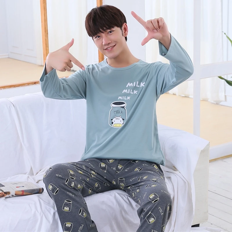 2018 Autumn Winter Cotton Pajamas Sets for Men Long Sleeve Cartoon Pyjama Casual Sleepwear Male Homewear Loungewear Home Clothes | Мужская