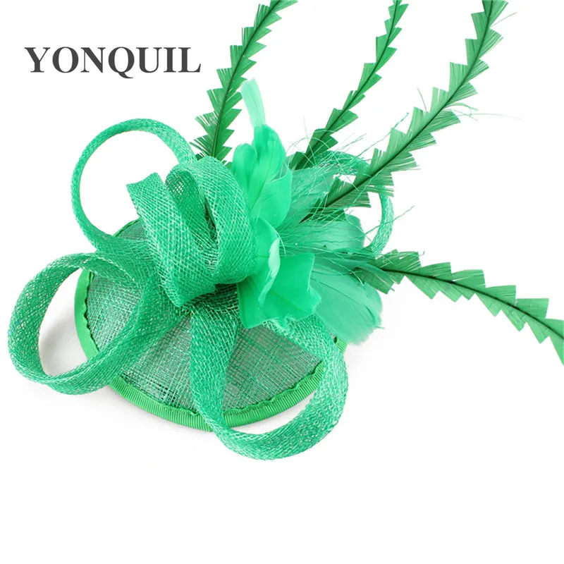 

Green Kentucky Sinamay Fascinators With Feather Cocktail Hats Wedding Hair Accessories NEW ARRIVAL High Quality Multiple Colors