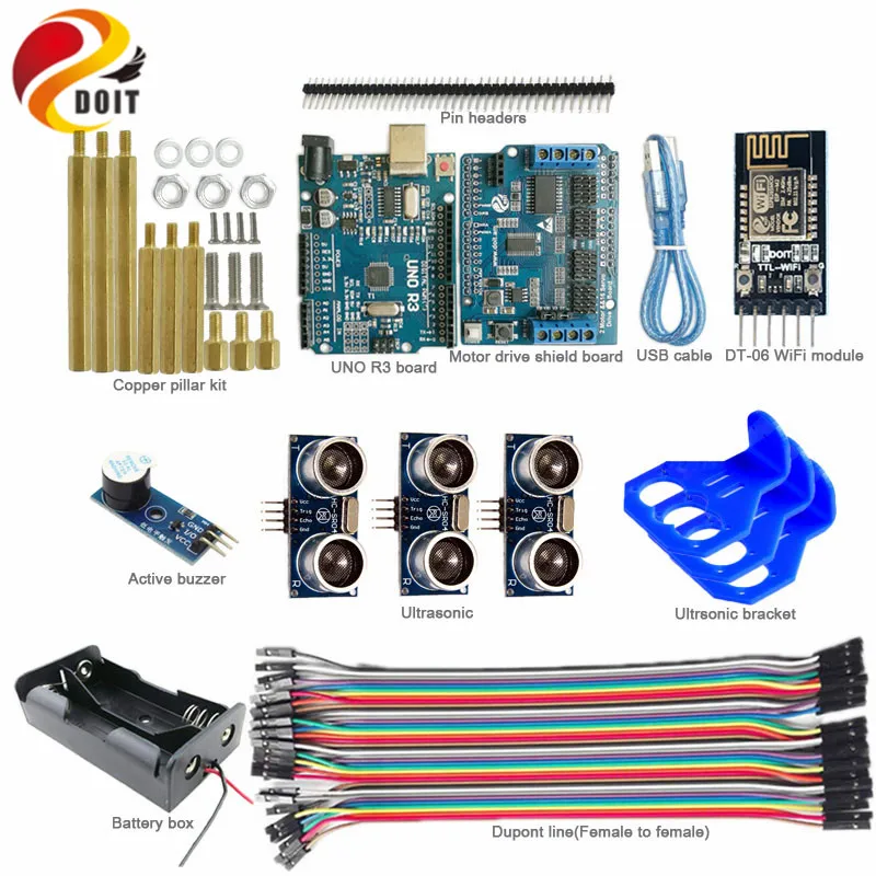 DOIT WiFi Control Obstacle Avoidance Kit with UNO R3 Board+Motor Drive Shield Board+Ultrasonic Sensor for Arduino Robot Tank DIY
DOIT WiFi Control Obstacle Avoidance Kit with UNO R3 Board+Motor Drive Shield Board+Ultrasonic Sensor for Arduino Robot Tank DIY