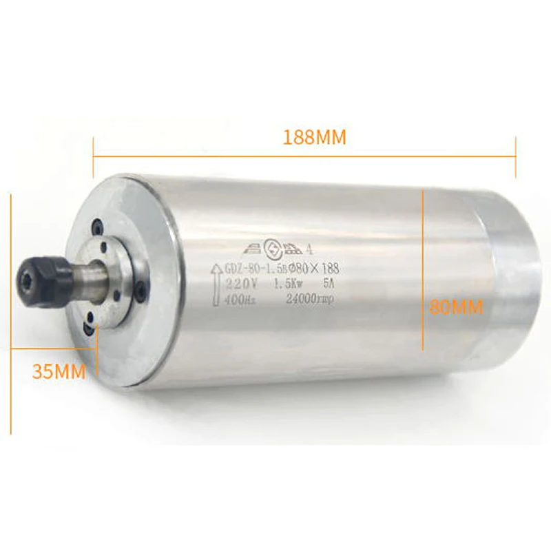 Engraving machine water-cooled motor spindle 1.5KW 4 bearing 220/380V 5A 400HZ Speed 0-24000rpm Chuck ER11 diameter 80mm
Engraving machine water-cooled motor spindle 1.5KW 4 bearing 220/380V 5A 400HZ Speed 0-24000rpm Chuck ER11 diameter 80mm