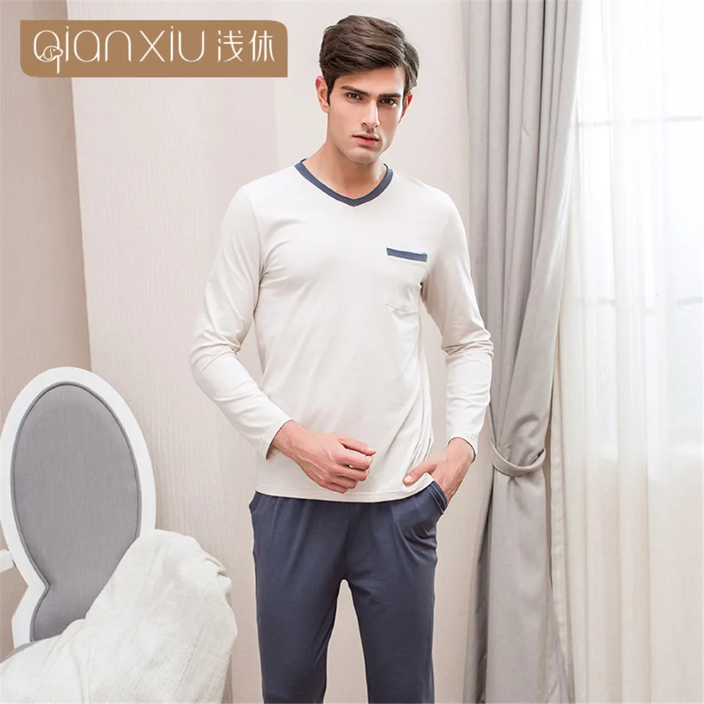 Мужская пижама Qianxiu 2019 хлопковая весенне осенняя мужская домашняя пуловер с