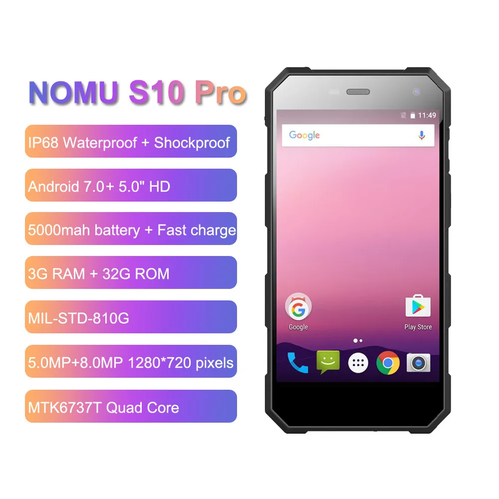 Nomu S10 Pro Shockproof mobile phone IP68 Waterproof smartphone MTK6737T Quad Core 3GB+32GB 8MP 5000mAh Quick Charge Cell Phone | Мобильные
