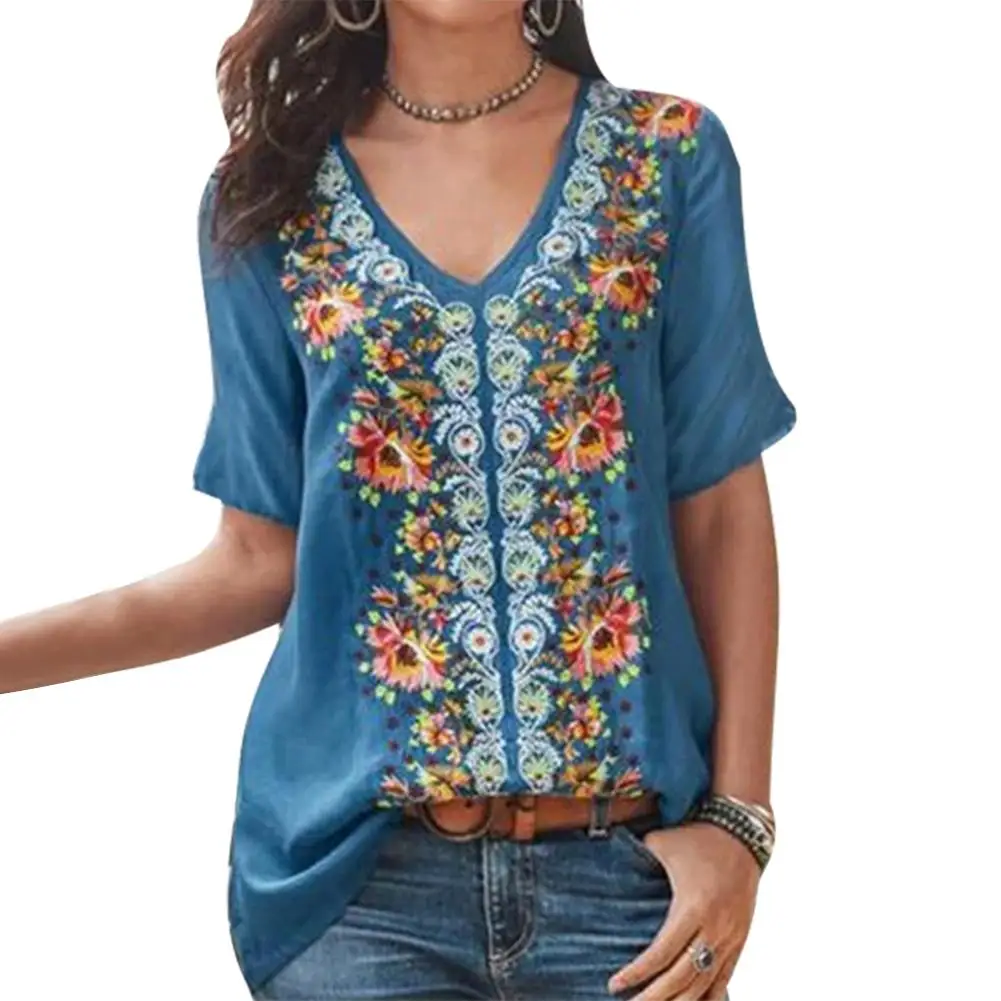 Plus Size Fashion Female T Shirt Vintage Bohemia Summer Women Short Sleeve V Neck Flower Casual T-Shirt Streetwear Loose Top
Plus Size Fashion Female T Shirt Vintage Bohemia Summer Women Short Sleeve V Neck Flower Casual T-Shirt Streetwear Loose Top