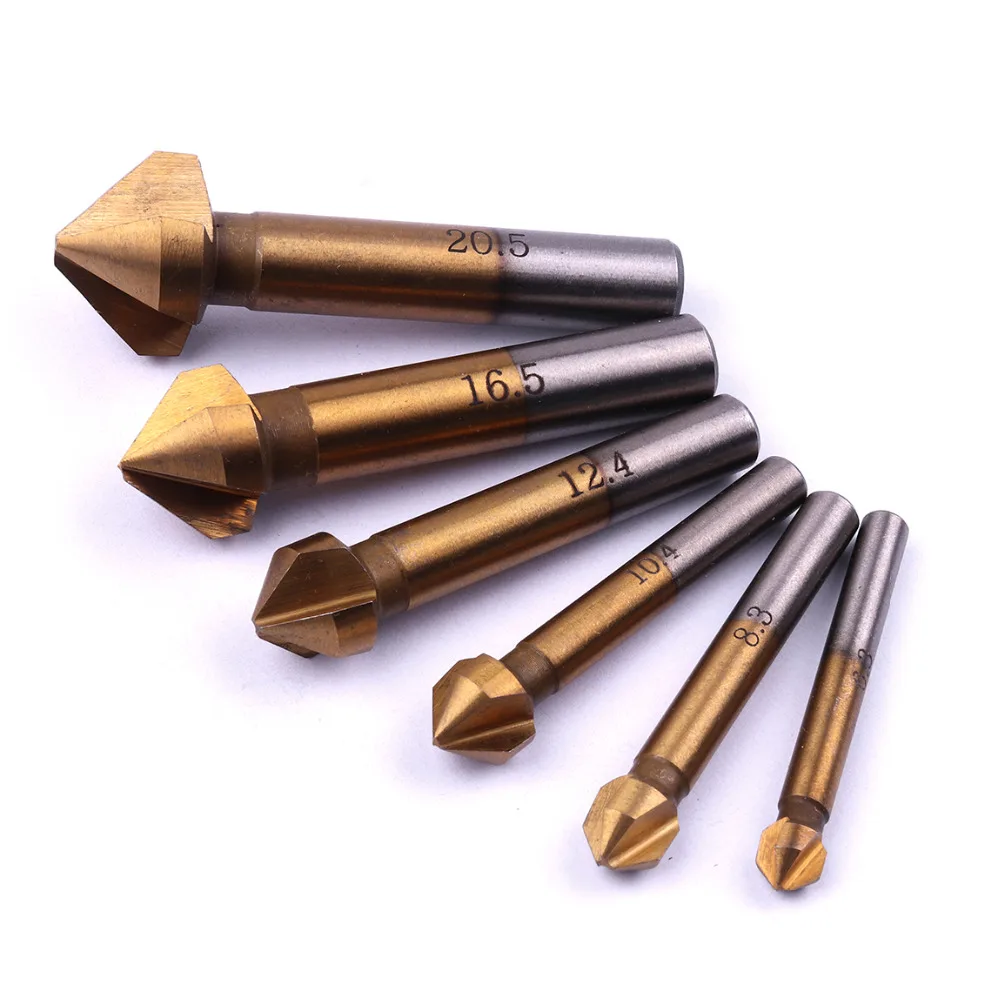 6pcs 3 Flute 90 Degree Hss Chamfer Cutter Chamfering Drilling End Mill Drill Counter Sink Titanium Coated Countersink Drill Bit
6pcs 3 Flute 90 Degree Hss Chamfer Cutter Chamfering Drilling End Mill Drill Counter Sink Titanium Coated Countersink Drill Bit