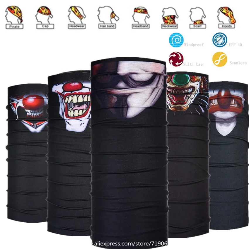 

Clown Design Magic Headband Death Knight Pirate Scarf Skull Skeleton Ghost Ski Cycling Headwear Headband Motorcycle Neck Bandana