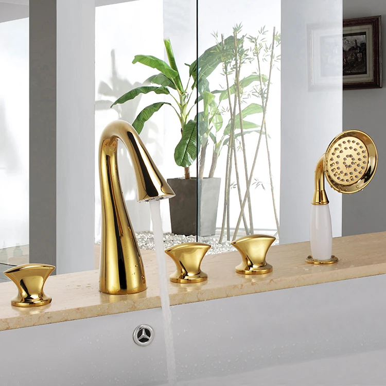 Contemporary gold PVD 5 Holes widespread Bathtub shower Faucet with Hand Shower deck mounted new Swan style
Contemporary gold PVD 5 Holes widespread Bathtub shower Faucet with Hand Shower deck mounted new Swan style