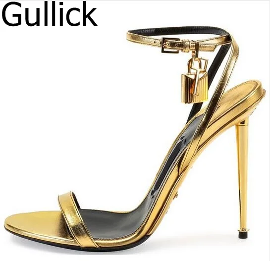 Summer Elegant Mental Heel Ankle Strap Golden Lock Sandals Silver Black Gold Patent Leather Stilettos Shiny Pumps Slingback
Summer Elegant Mental Heel Ankle Strap Golden Lock Sandals Silver Black Gold Patent Leather Stilettos Shiny Pumps Slingback
