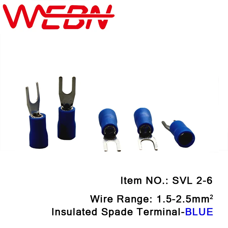 SVL2-6 Crimping Insulated Spade Terminal Fork Type Copper&PVC Material Blue for Wire Range 1.5-2.5mm2 16-14 AWG 1000pcs/Pack
SVL2-6 Crimping Insulated Spade Terminal Fork Type Copper&PVC Material Blue for Wire Range 1.5-2.5mm2 16-14 AWG 1000pcs/Pack
