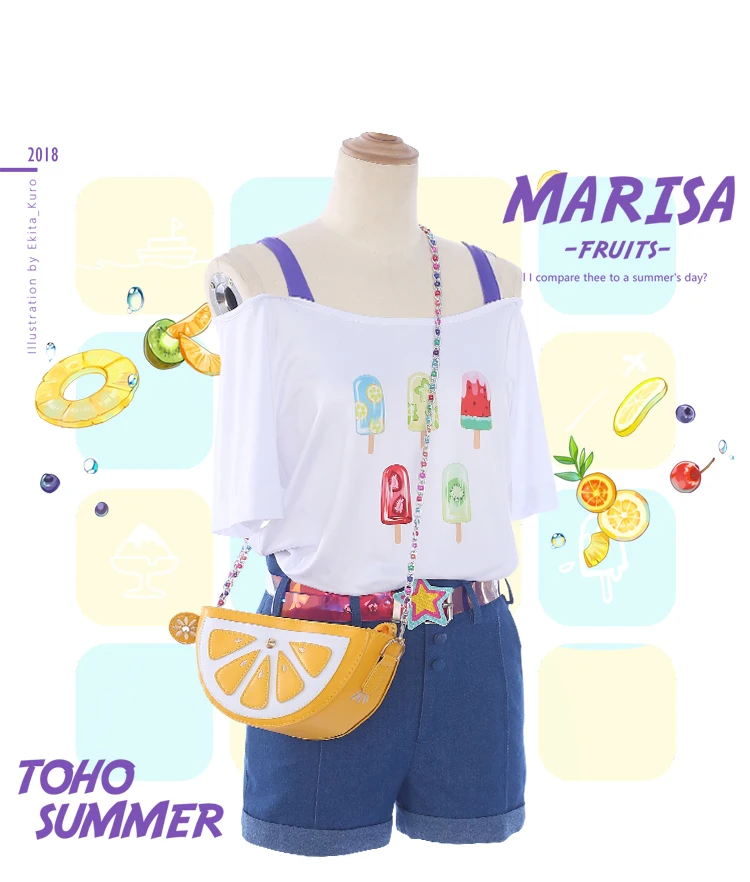 Аниме! Костюм для косплея TouHou Project Kirisame Marisa TOHO, летний костюм с фруктами, ежедневный костюм
Аниме! Костюм для косплея TouHou Project Kirisame Marisa TOHO, летний костюм с фруктами, ежедневный костюм