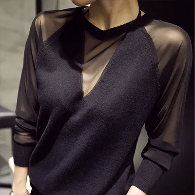Women Sexy Blouse Knitted Mesh Patchwork Tops Shirts Women Spring Pullovers Knitted Slim Black
Women Sexy Blouse Knitted Mesh Patchwork Tops Shirts Women Spring Pullovers Knitted Slim Black