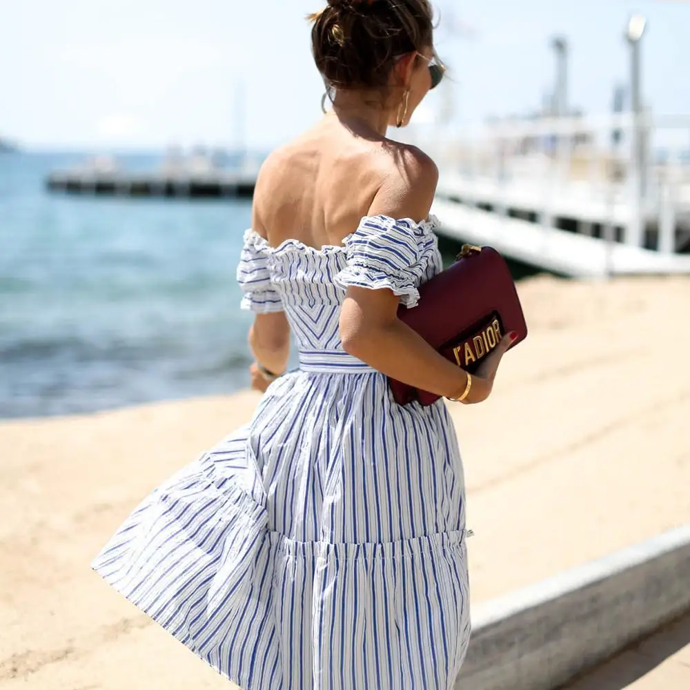 Off shoulder summer dresses Women ruffle dress Elegant holiday loose beach dress Blue and white stripes skirt
Off shoulder summer dresses Women ruffle dress Elegant holiday loose beach dress Blue and white stripes skirt