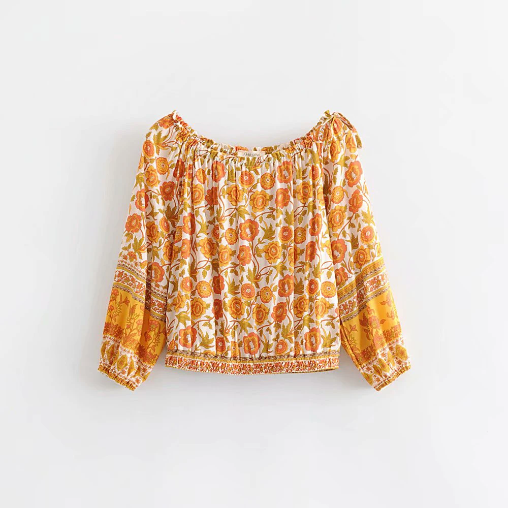 2019 Для женщин Fp Мода Цветочный принт Boho оранжевый блузка женская весна в богемном