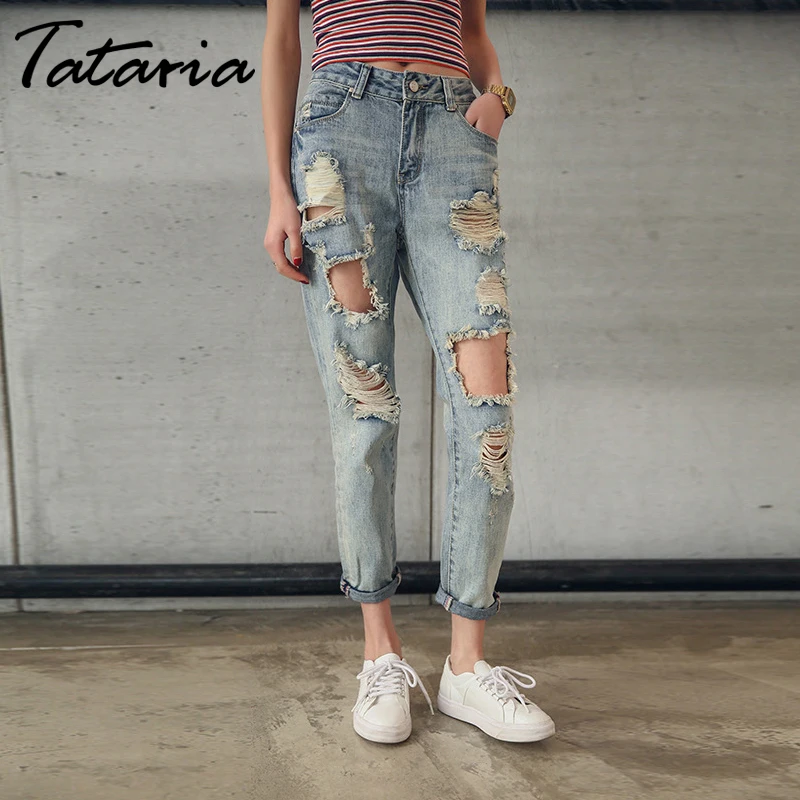 Женские рваные джинсы-шаровары Tataria Свободные повседневные брюки до щиколотки из