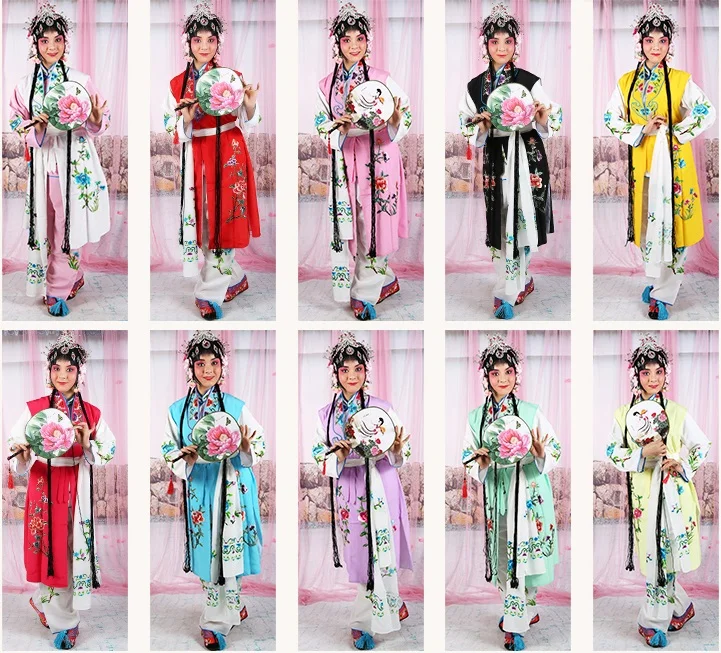 Opera Outfit Jacket + Pants + Waist coat +Waist scarf Girl servant Peking opera stage costume lady flower embroidered long suits 
Opera Outfit Jacket + Pants + Waist coat +Waist scarf Girl servant Peking opera stage costume lady flower embroidered long suits