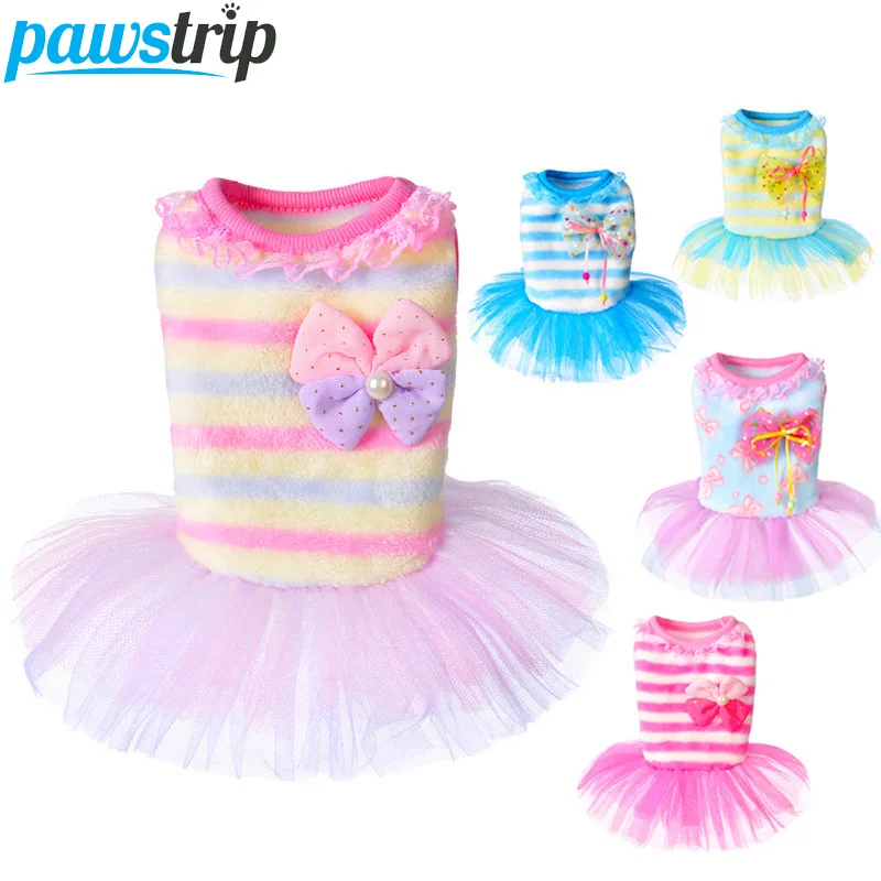 

pawstrip Soft Fleece Dog Dress Winter Dog Clothes Bowknot Princess Puppy Tutu Skirt Teddy Yorkie Small Dog Coat XS-XL