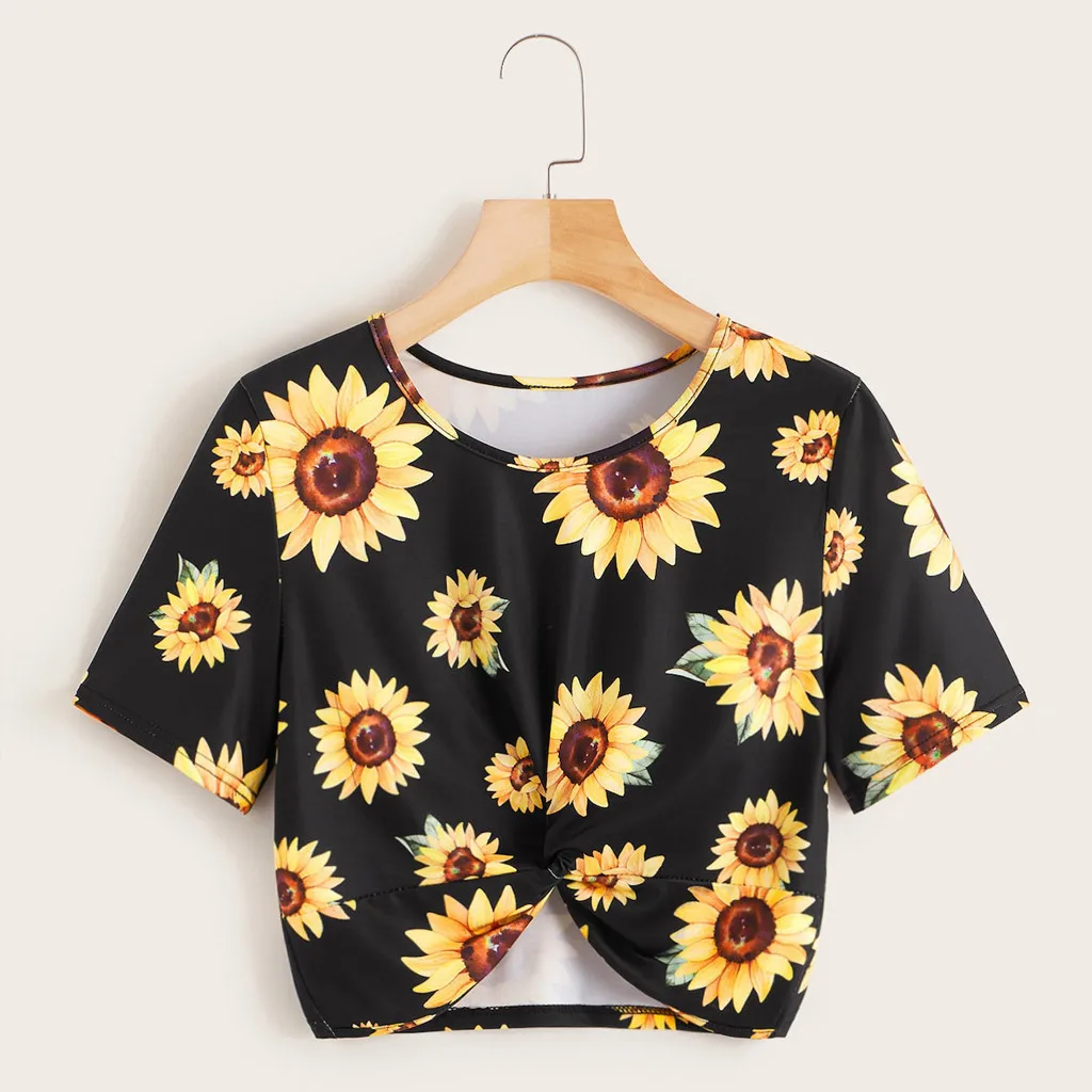 Лето 2019 Sunshine футболка для женщин Подсолнух Kawaii короткий узел отдыха Удобная Vogue