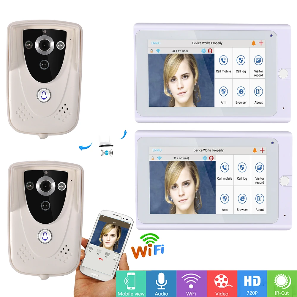 

720P 7" TFT WiFi Wireless Video DoorPhone intercom Doorbell Camera PIR IR Night Vision with 2 monitor 2 Outdoor camera