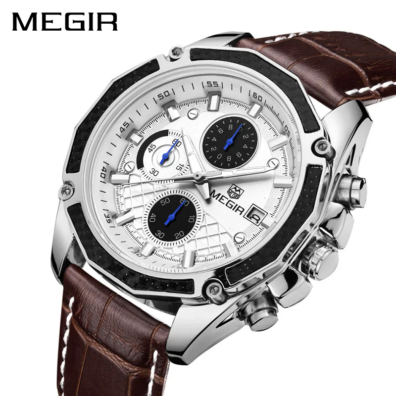MEGIR официальные кварцевые мужские часы модные из натуральной кожи с хронографом
