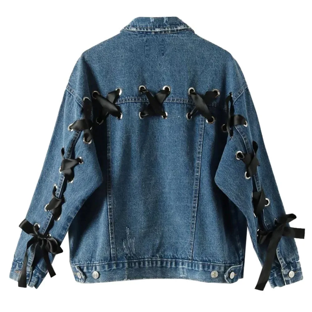 Bohoartist осенняя куртка с лацканами Blue Lace up карманов Для женщин джинсы длинным