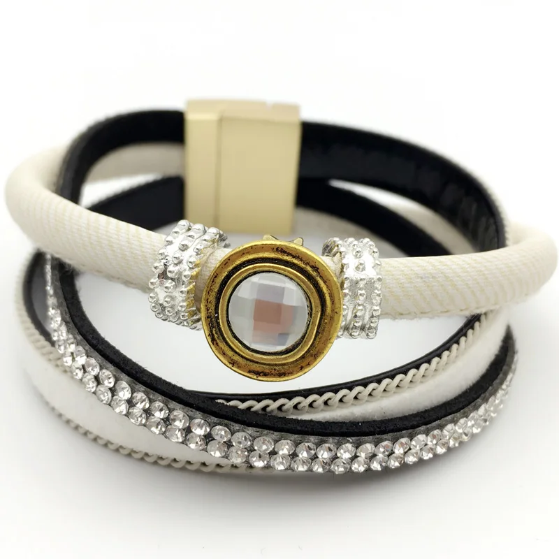 LEMOER Brand 3 Layer Slake Leather Bracelet with Gem Crystal Magnetic Wristband Jewelry for women men Party Pulseras Mujer | Украшения и