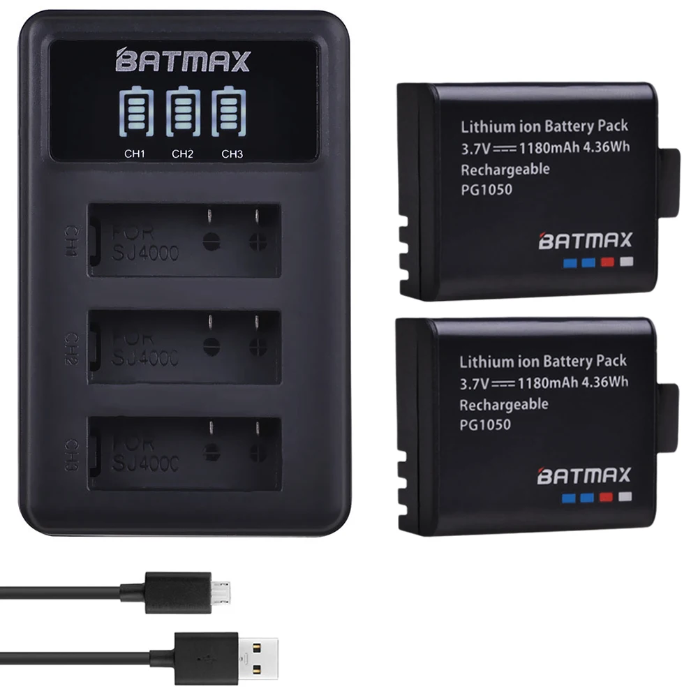 Batmax 2 шт. PG1050 батарея для камеры + LED 3 слота USB зарядное устройство SJCAM SJ4000 WiFi SJ5000 Plus