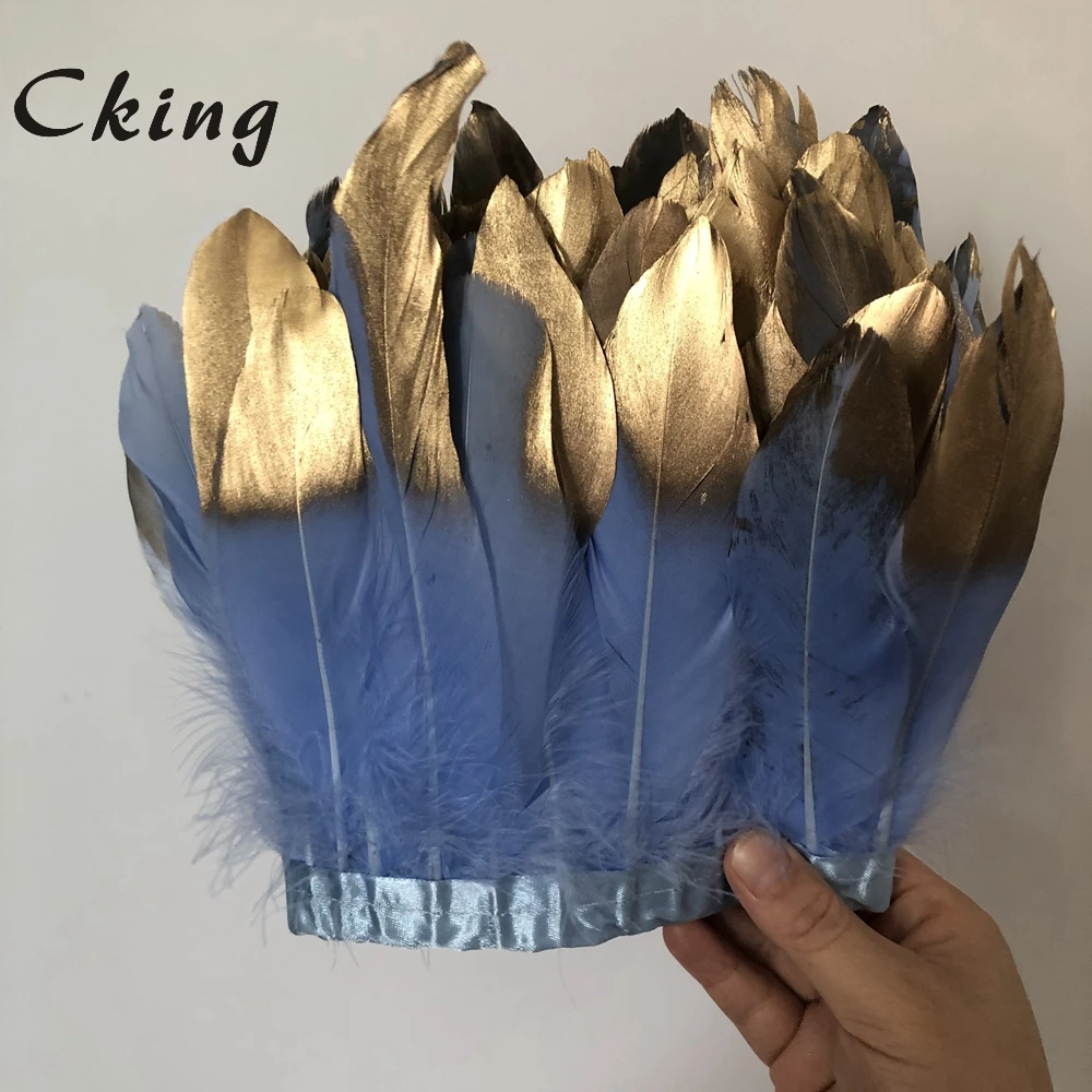 

Cking 10 Yards Blue with Gold Tips Goose Feather Trims 15-20cm 6-8inch width duck feather fringe strips boa for wedding decorate