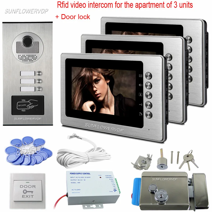 7" Color Monitor Intercom Video Doorphone For 3 Apartments Rfid Video Goalkeeper With Camera & Door Lock Video Doorman Home Kit
7" Color Monitor Intercom Video Doorphone For 3 Apartments Rfid Video Goalkeeper With Camera & Door Lock Video Doorman Home Kit