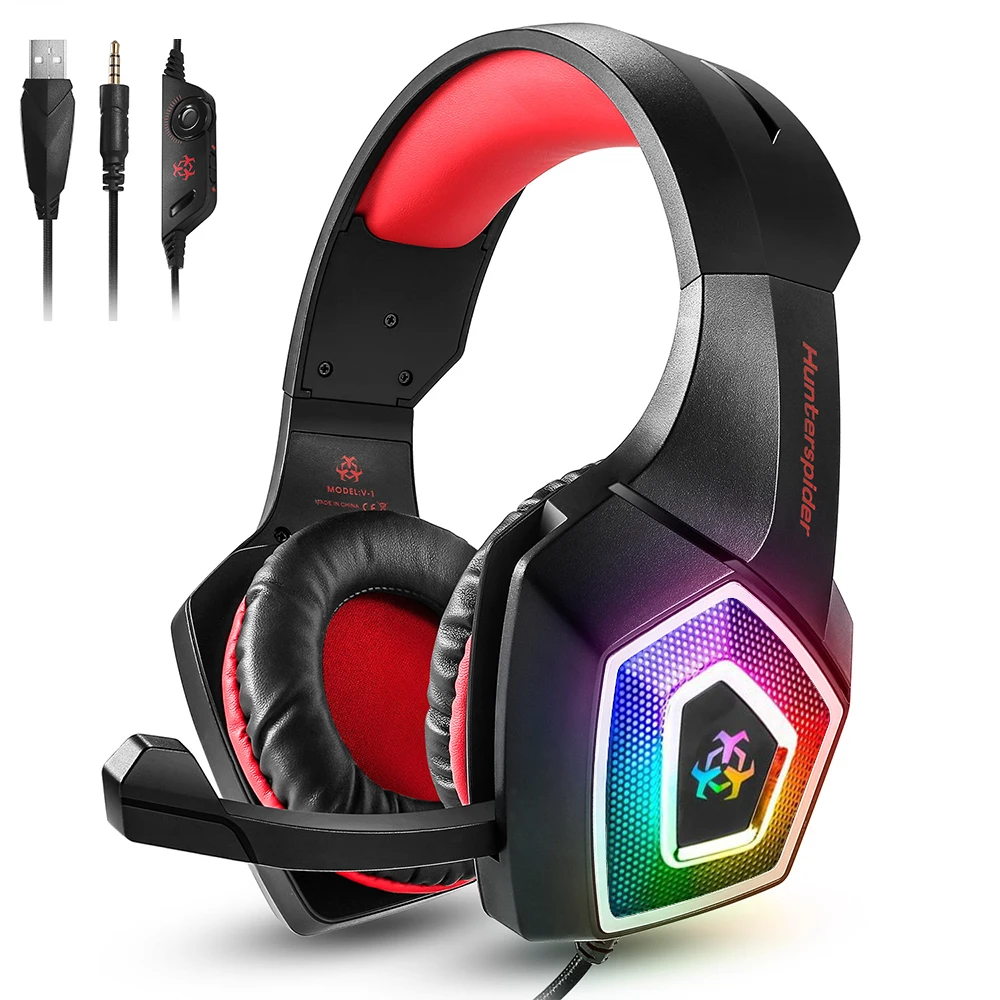 

Hunterspider V1 Gaming Headset Over ear headphones wired control with Mic LED Light Casque Gamer Headset for PC PS4 Xbox One