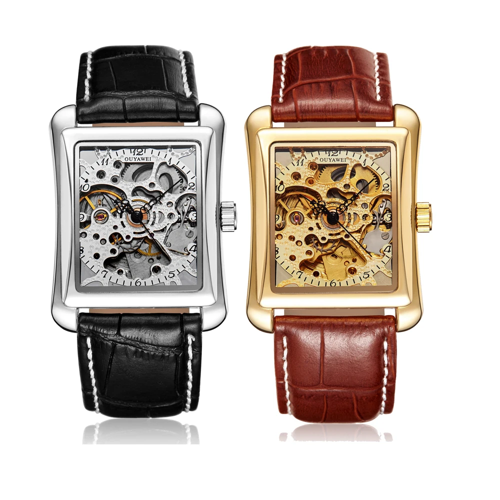 

Ouyawei Gold Skeleton Automatic Watch Men Luxury Mechanical Self Wind Leather Rectangle Wrist Watches Reloj Automatico Hombre