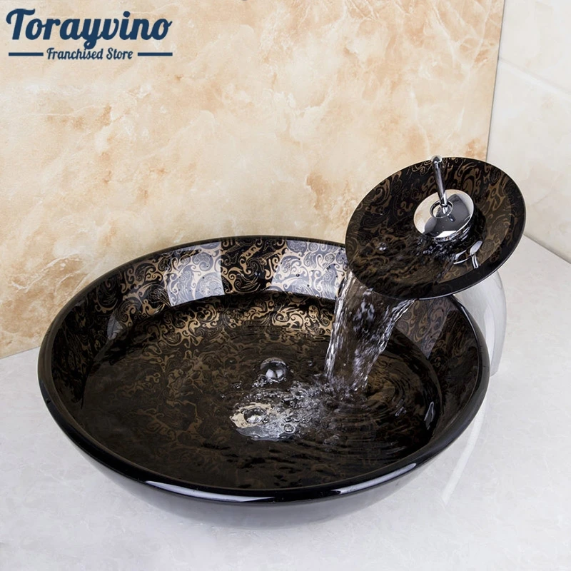 

Torayvino Totem Round Washbasin Lavatory Vessel Glass Basin Bathroom Sink Chrome Waterfall Faucet mixer tap w/Drain Set