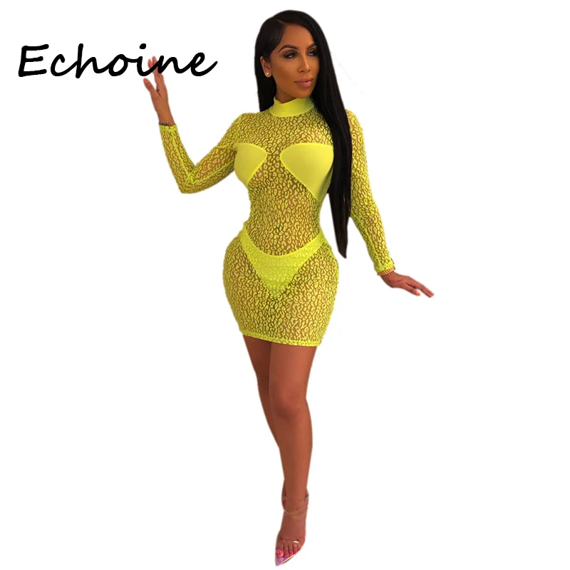 Echoine размера плюс S XXL леопардовая Прозрачная сетка комплект Bodycon платье Женский 2